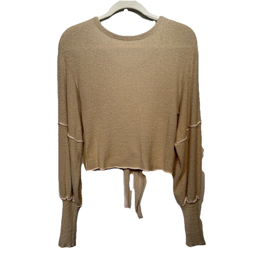 Free People Cropped Inside-Out Seam Tie Waist Open Back Sweater Beige Sz XS
